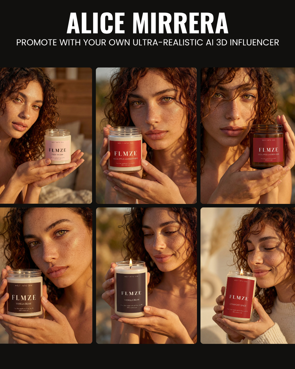TURNKEY SHOPIFY US CANDLE BRAND: FLMZE.COM (Rare 5-Letter Domain). 17 Products. AI Influencer "Alice Mirrera". US White Label. 2-5 Day Ship. FULL Automated.