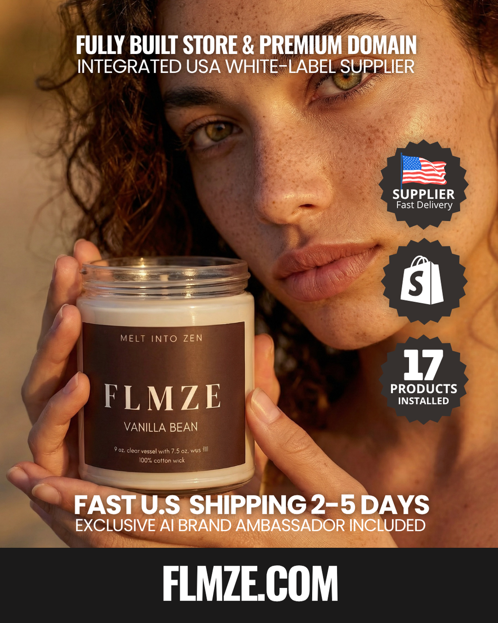 TURNKEY SHOPIFY US CANDLE BRAND: FLMZE.COM (Rare 5-Letter Domain). 17 Products. AI Influencer "Alice Mirrera". US White Label. 2-5 Day Ship. FULL Automated.