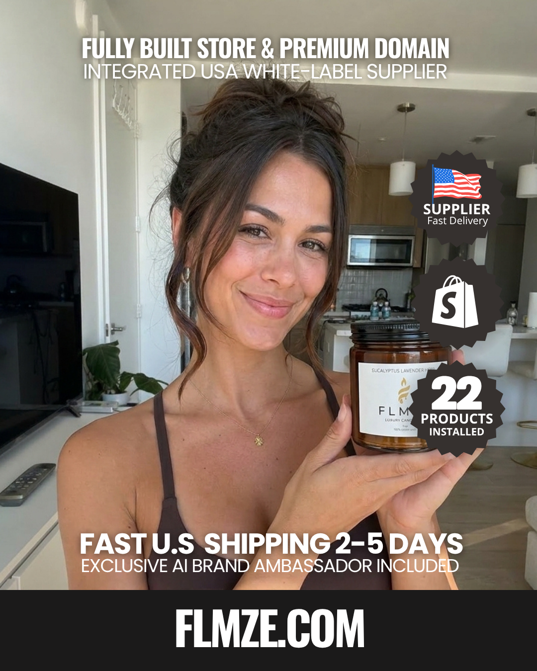 TURNKEY SHOPIFY US CANDLE BRAND: FLMZE.COM (Rare 5-Letter Domain). 17 Products. AI Influencer "Alice Mirrera". US White Label. 2-5 Day Ship. FULL Automated.