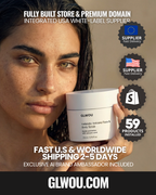PREMIUM SHOPIFY BRAND: GLWOU.COM (Rare 5-Letter Domain). 59 Products. Integrated US/EU Supplier. Full 3d AI Influencer "Lumia Costa". FDA Compliant. Automated.