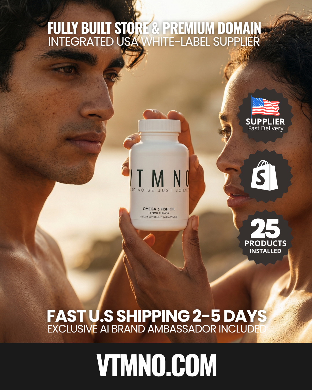 TURNKEY SHOPIFY WELLNESS BRAND: VTMNO.COM (Premium 5-Letter Domain). 25 Products. US White Label TWO AI Influencers. FDA Compliant. 2-5 Day Ship. FULL AUTOMATED
