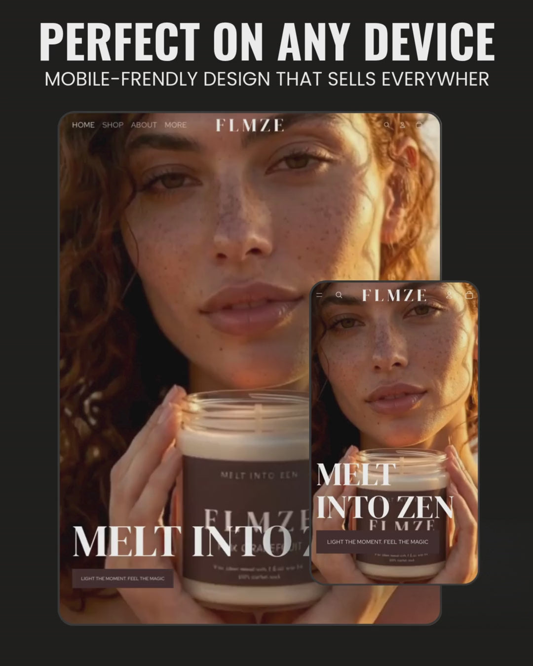 TURNKEY SHOPIFY US CANDLE BRAND: FLMZE.COM (Rare 5-Letter Domain). 17 Products. AI Influencer "Alice Mirrera". US White Label. 2-5 Day Ship. FULL Automated.