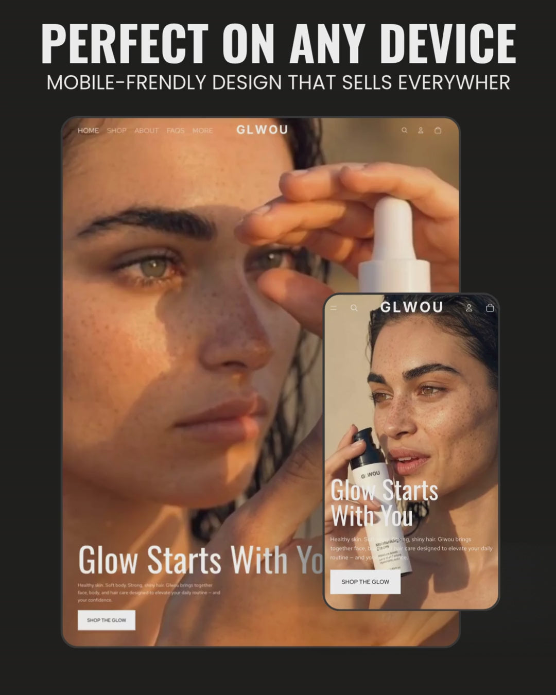 PREMIUM SHOPIFY BRAND: GLWOU.COM (Rare 5-Letter Domain). 59 Products. Integrated US/EU Supplier. Full 3d AI Influencer "Lumia Costa". FDA Compliant. Automated.